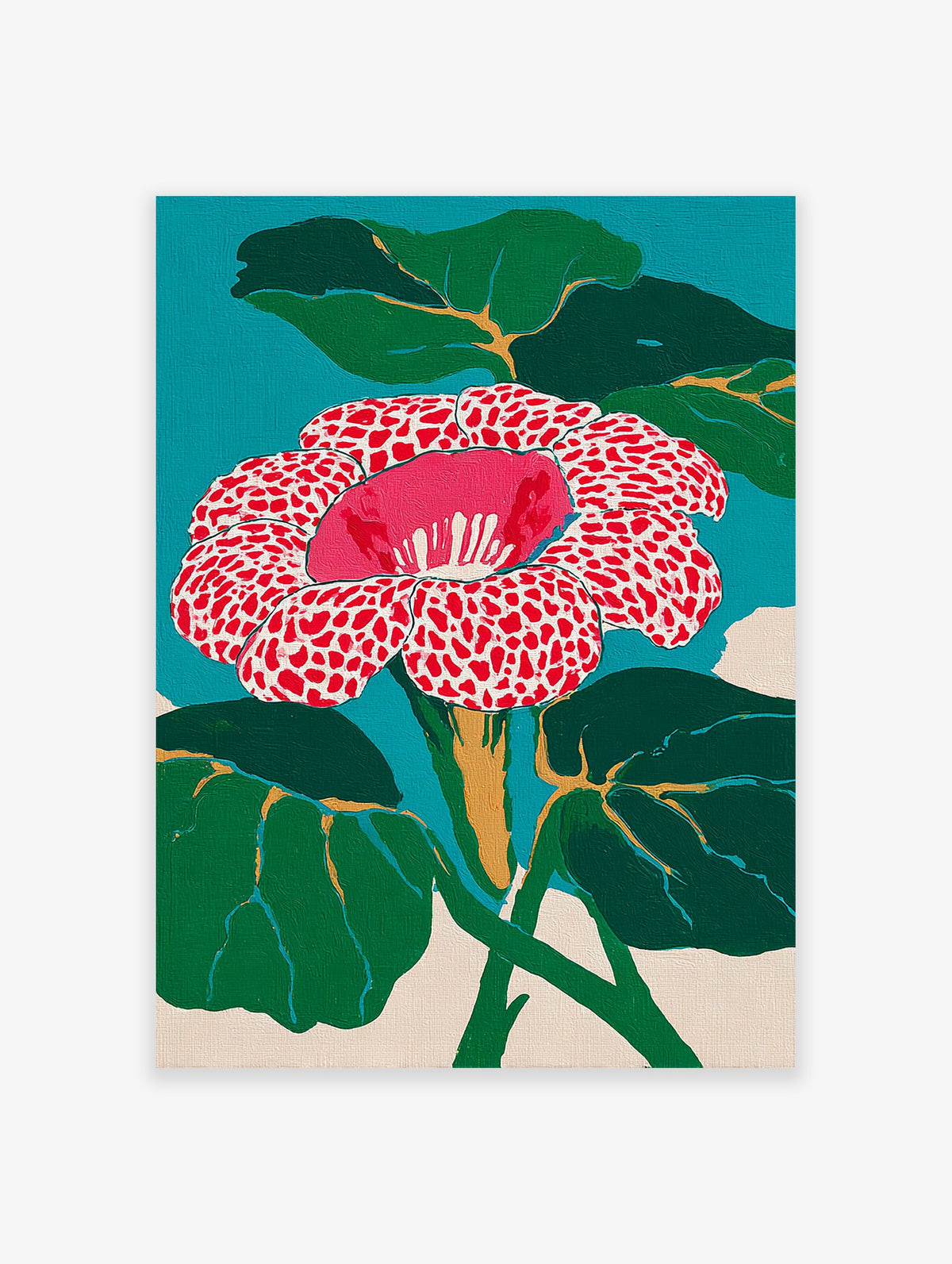 Vibrant red and white spotted Rafflesia flower wall art with green leaves and a teal background, in a modern botanical painting style.