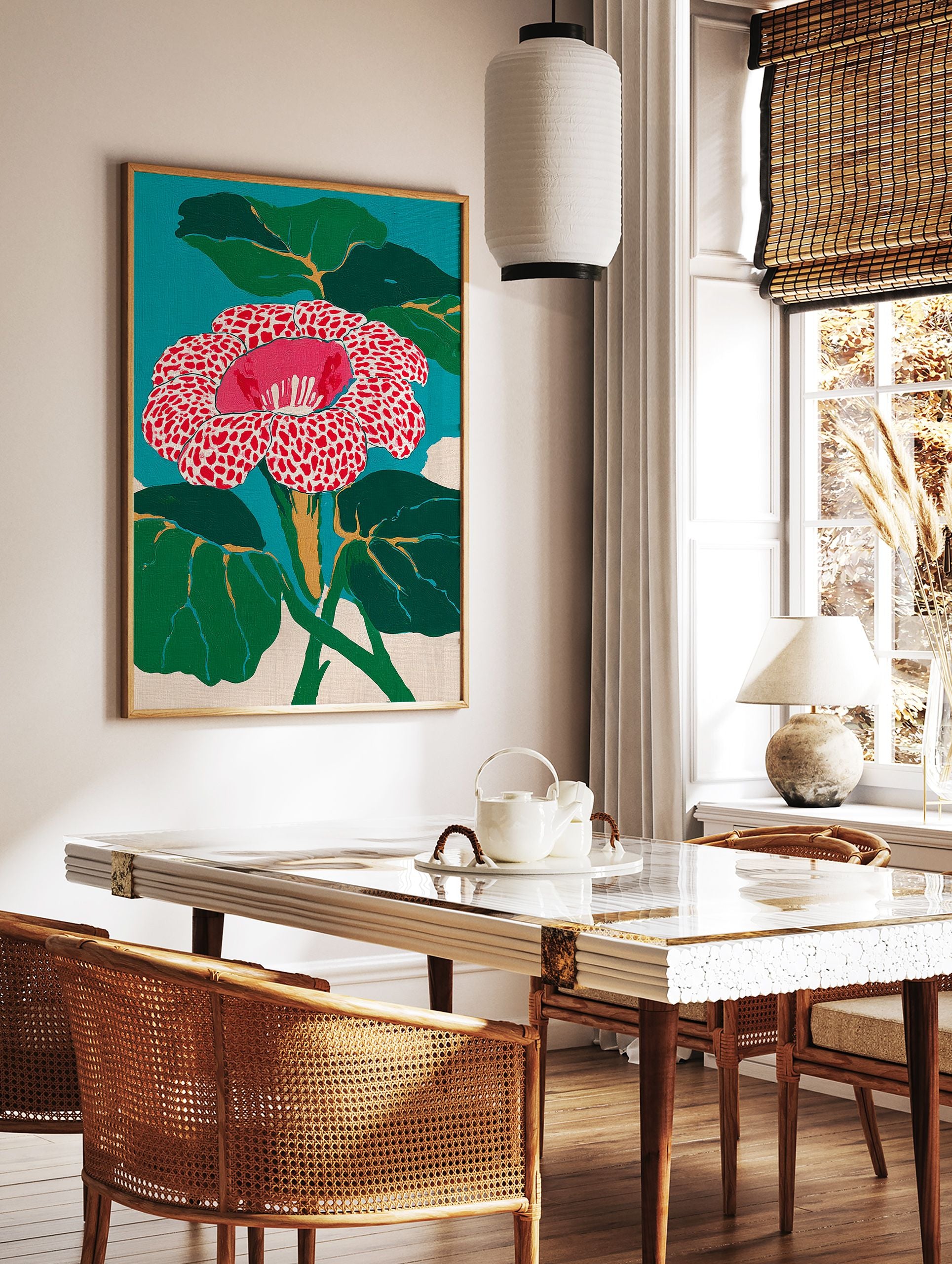 Vibrant red and white spotted Rafflesia flower wall art with green leaves and a teal background, in a modern botanical painting style. - Image 2