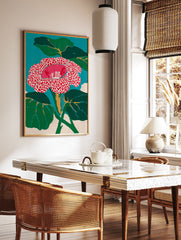Vibrant red and white spotted Rafflesia flower wall art with green leaves and a teal background, in a modern botanical painting style. - Image 2