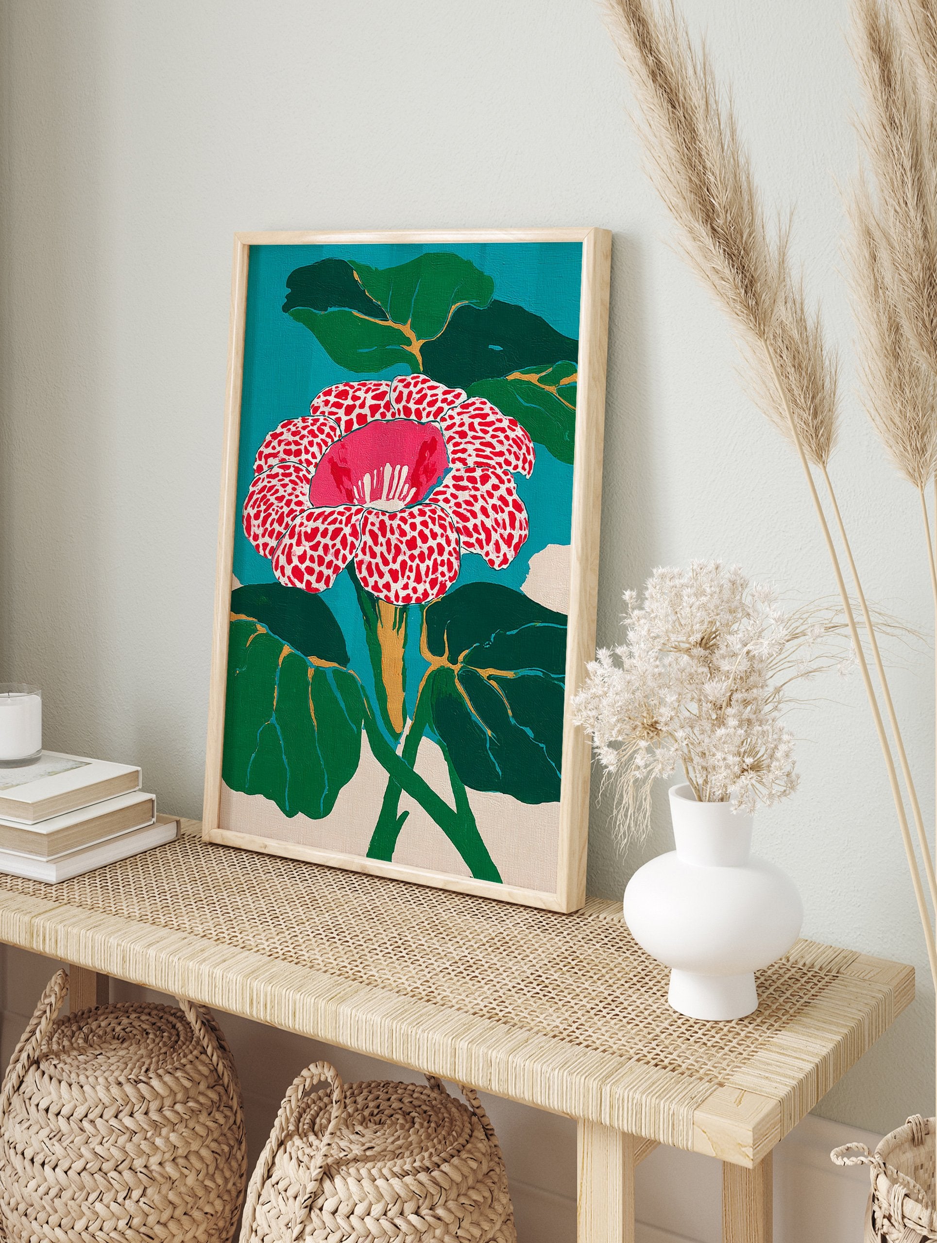 Vibrant red and white spotted Rafflesia flower wall art with green leaves and a teal background, in a modern botanical painting style. - Image 3