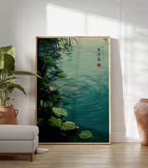 Poster of a green pond with large lotus leaves and water ripples from falling rain, in an illustrative Asian art style. - Image 3
