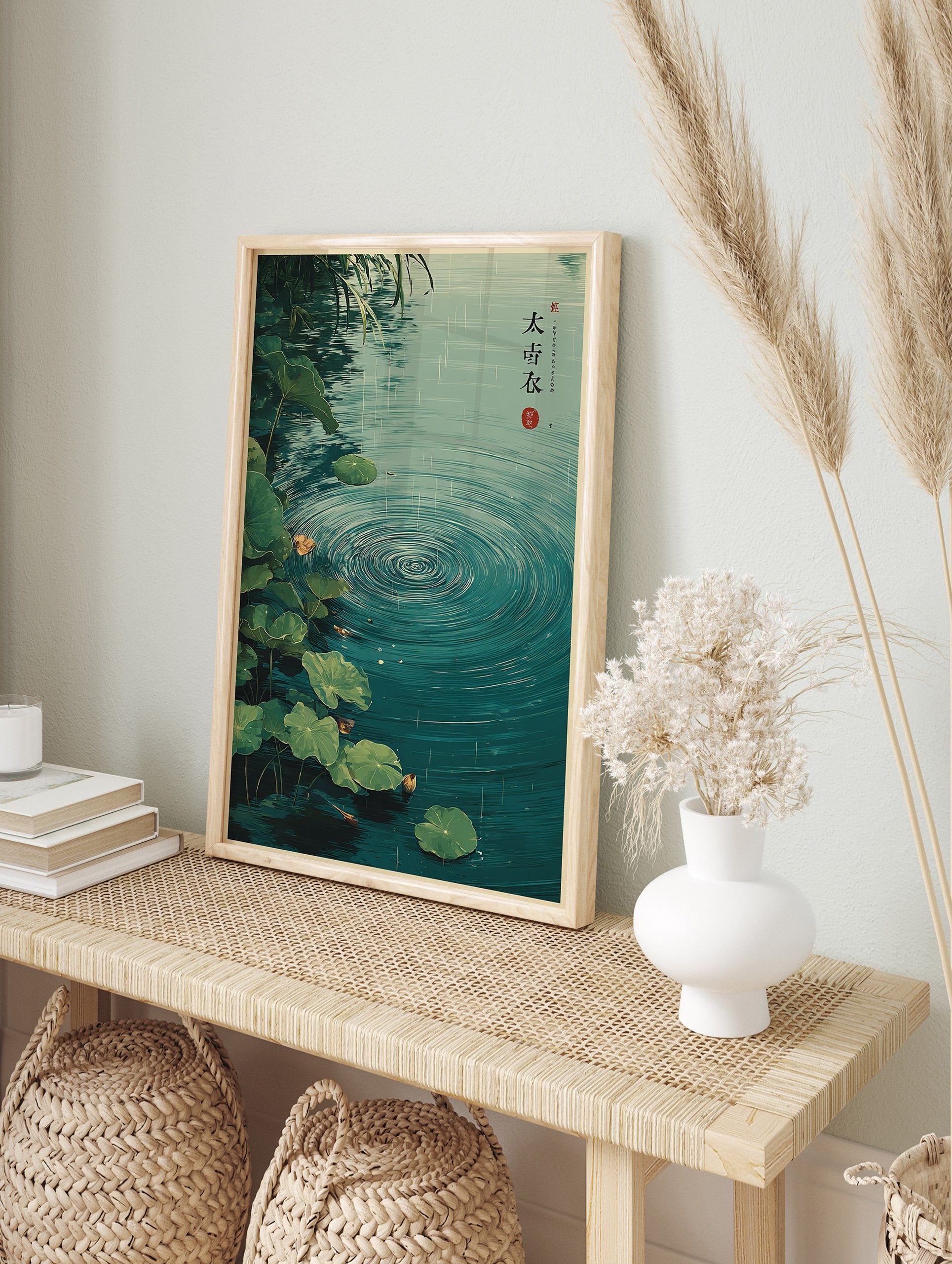 Poster of a green pond with large lotus leaves and water ripples from falling rain, in an illustrative Asian art style. - Image 4