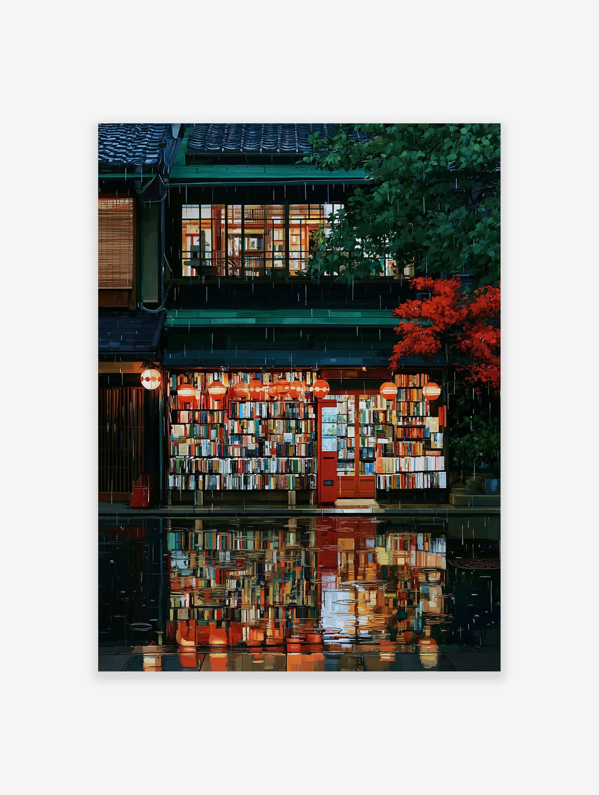 Rainy Japanese bookshop poster with lanterns, red maple leaves, and wet street reflections