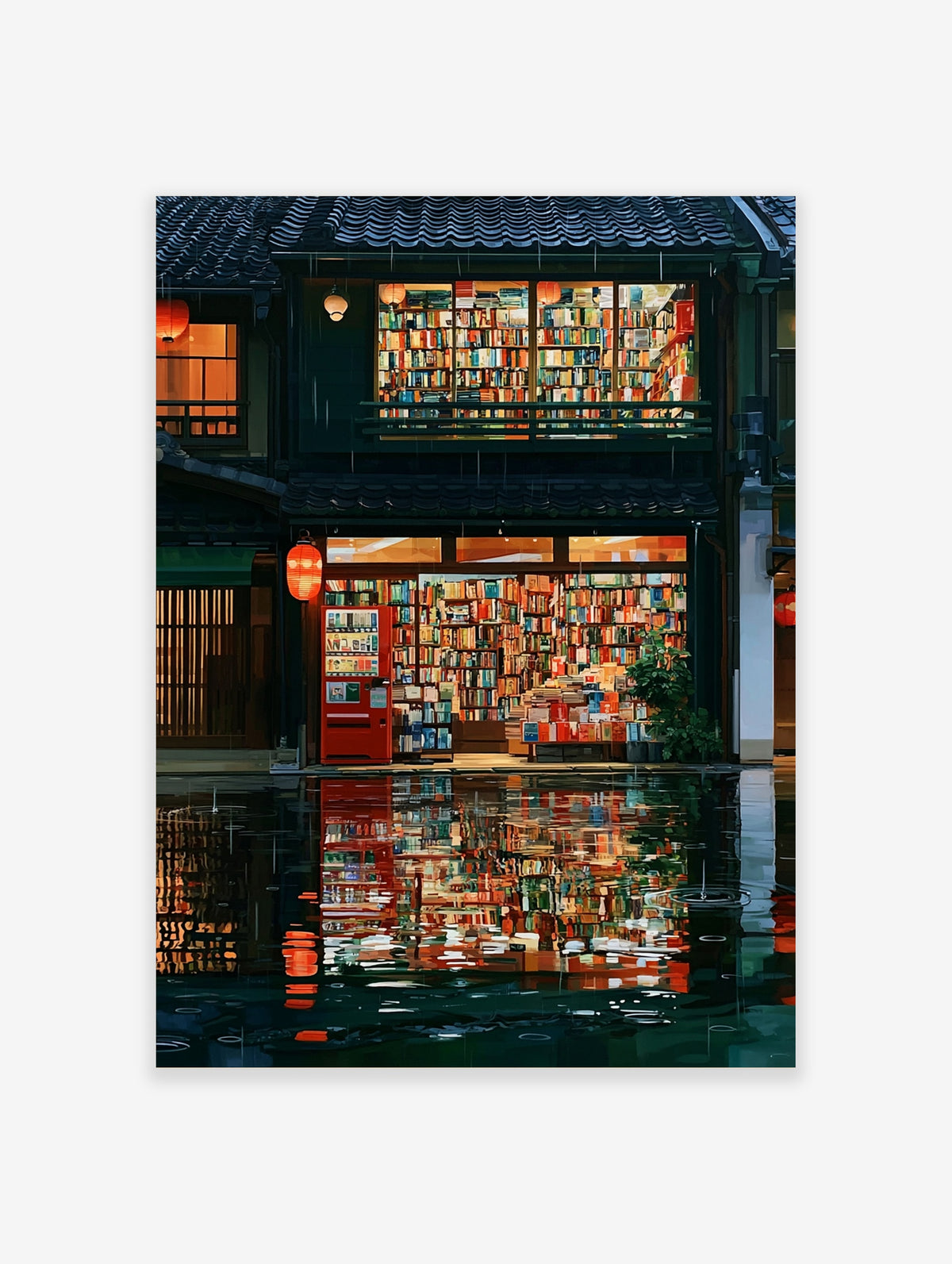 Rainy Japanese bookshop at night with lit book shelves, red vending machine, lanterns, and wet street reflections
