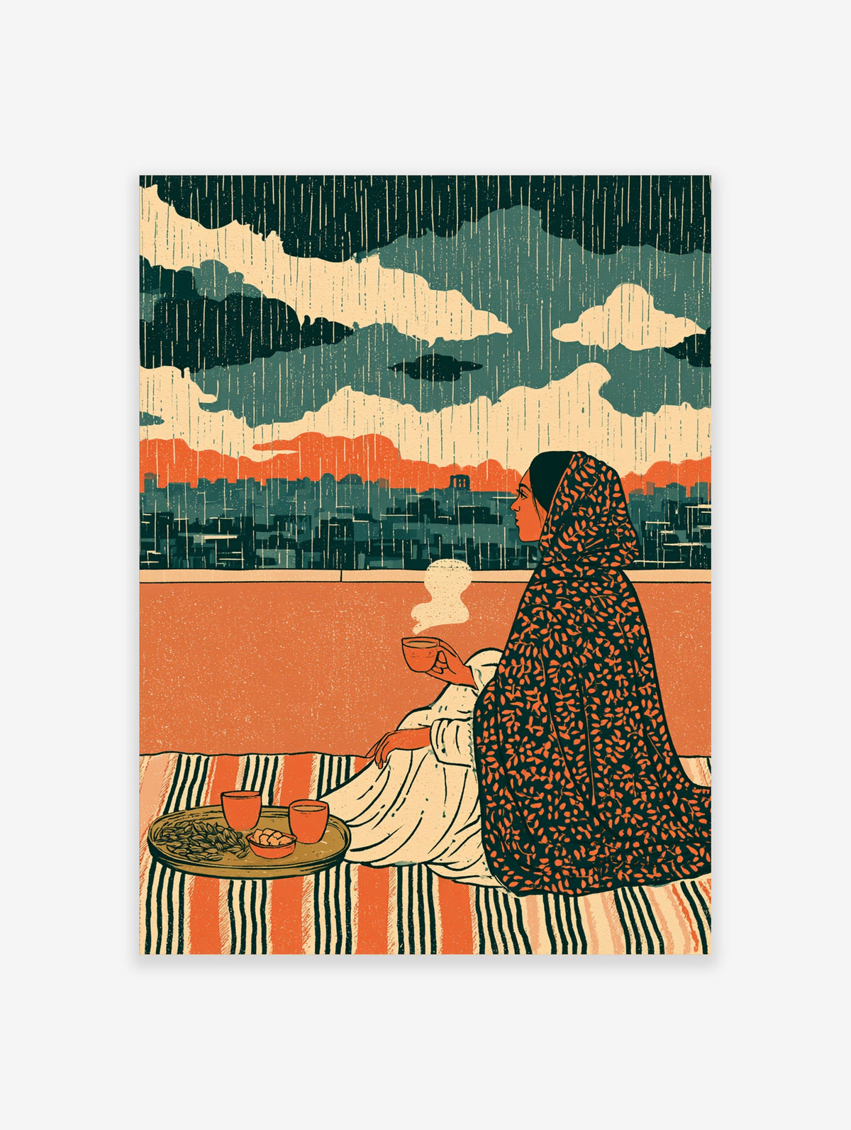 Illustration of a woman in a patterned shawl holding tea on a rainy rooftop with city skyline