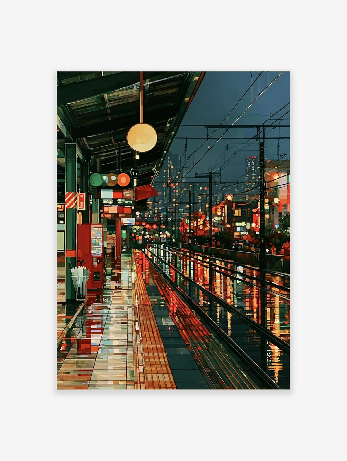 Rainy city station platform at night with glowing lamp, overhead wires, and wet reflections