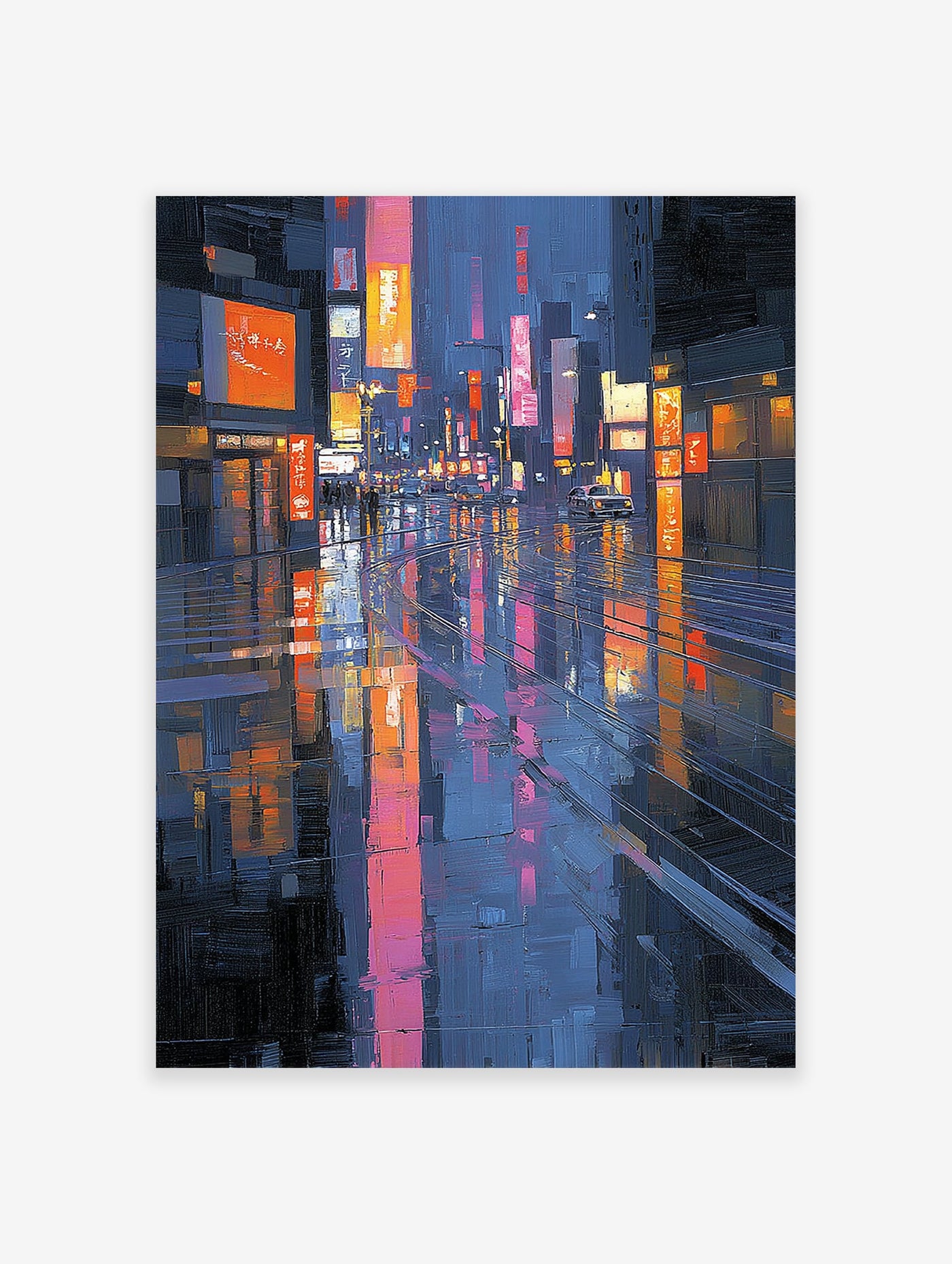 Vibrant rainy city street art painting at night with colorful neon light reflections on wet pavement and buildings.