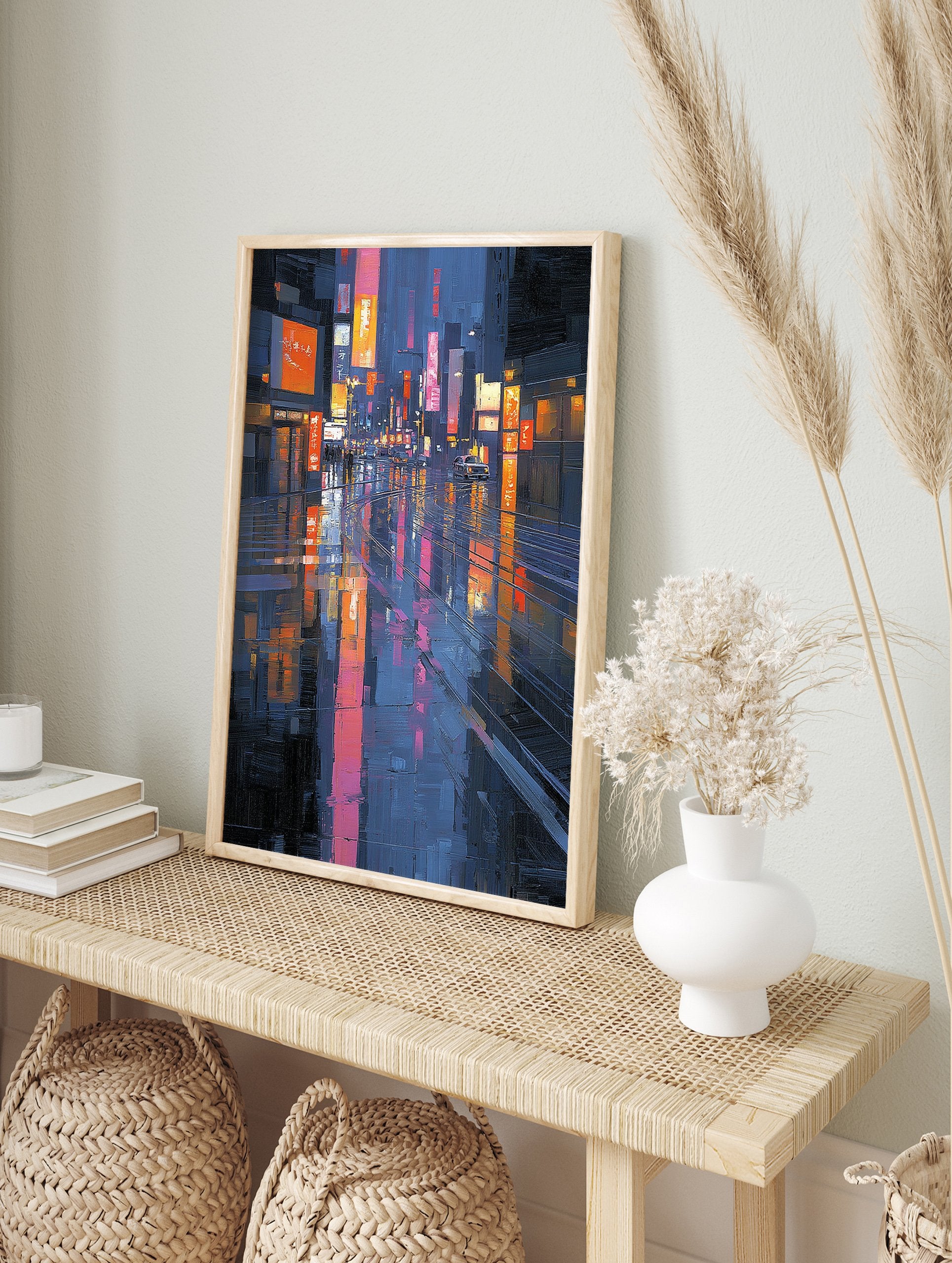 Vibrant rainy city street art painting at night with colorful neon light reflections on wet pavement and buildings. - Image 3