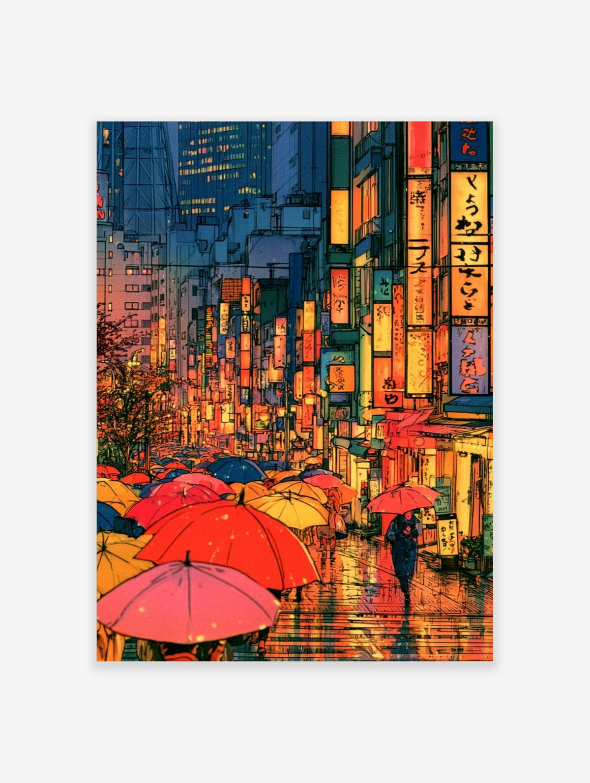 Anime style rainy city street illustration with colourful umbrellas and neon kanji signs at night