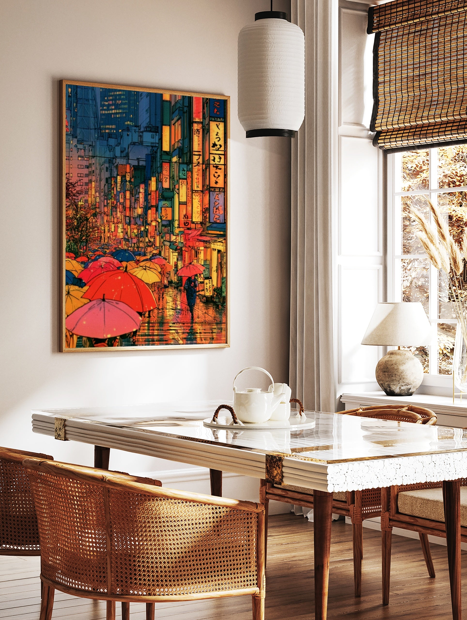 Anime style rainy city street illustration with colourful umbrellas and neon kanji signs at night, in a styled room mockup