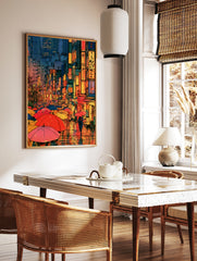 Anime style rainy city street illustration with colourful umbrellas and neon kanji signs at night, in a styled room mockup