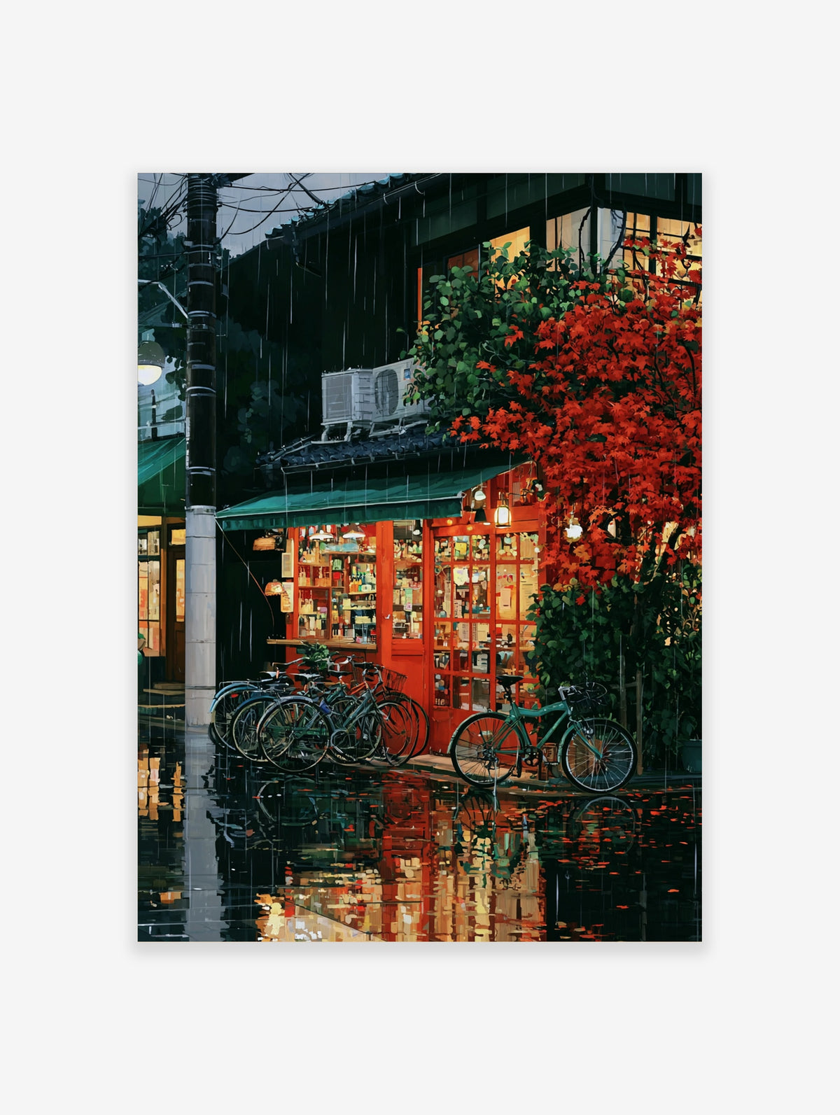 Rainy day cafe poster with red storefront, green bicycles, and wet street reflections in Japanese street art style