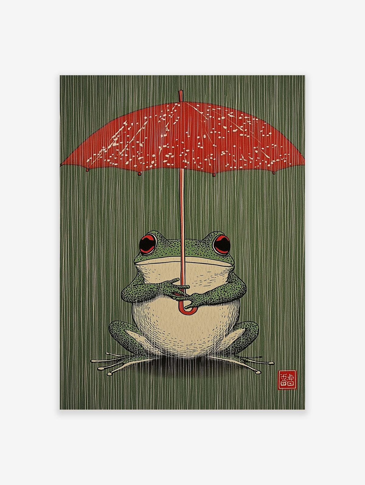 Illustrative green frog with red eyes holding a red umbrella in the rain, against a dark green background