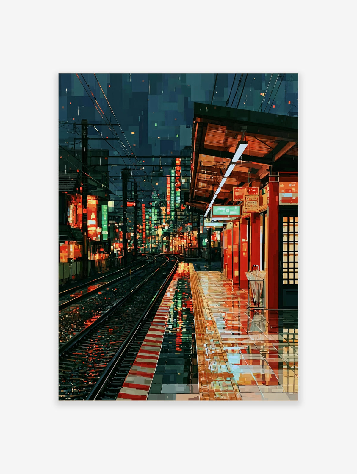 Rainy train station platform at night with neon city lights and wet railway tracks reflecting colour