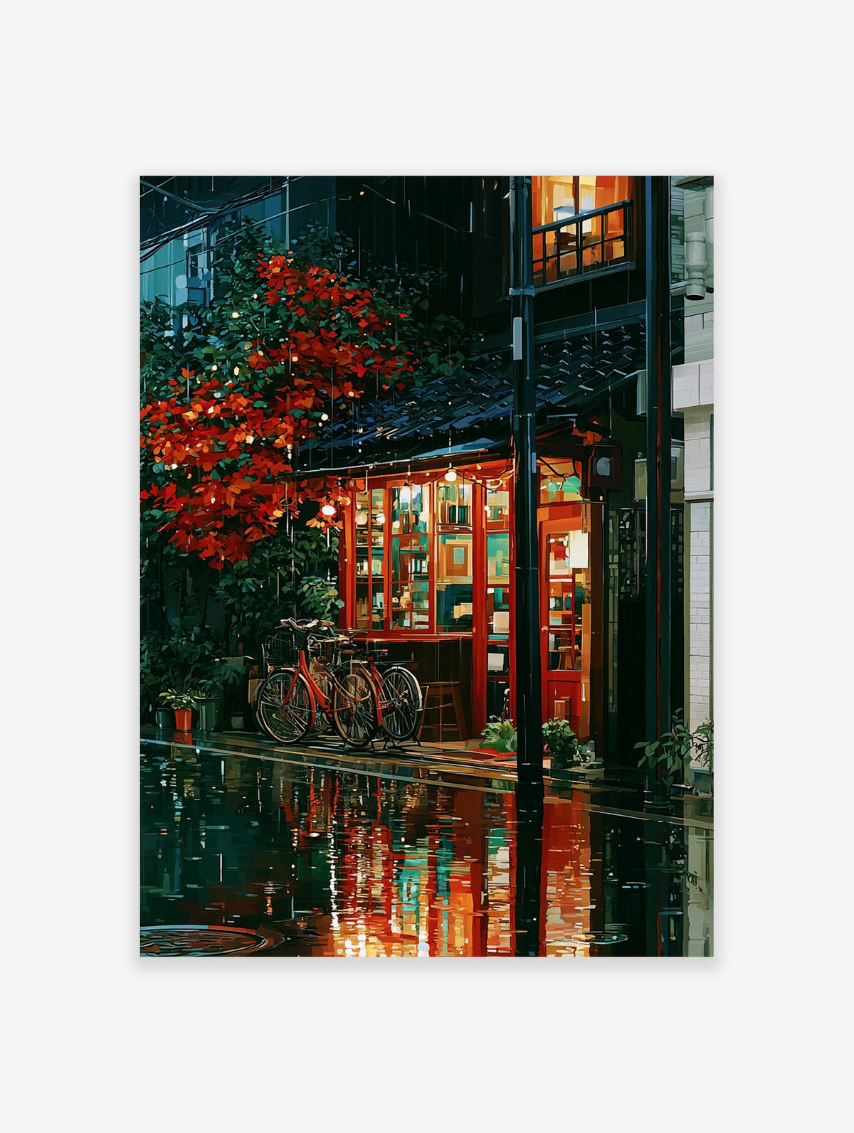 Rainy night cafe poster with red bicycles, glowing windows, and wet street reflections