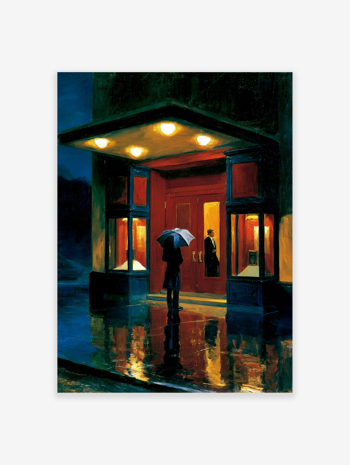 Rainy night city poster of a figure with umbrella outside a red storefront, wet reflective pavement