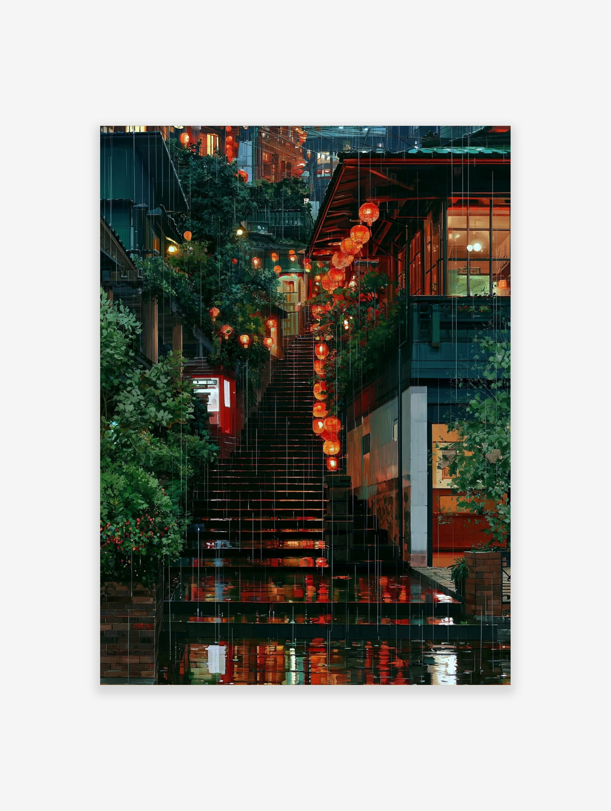 Rainy night Japanese street poster with red lanterns on a stone stairway and wet reflective steps