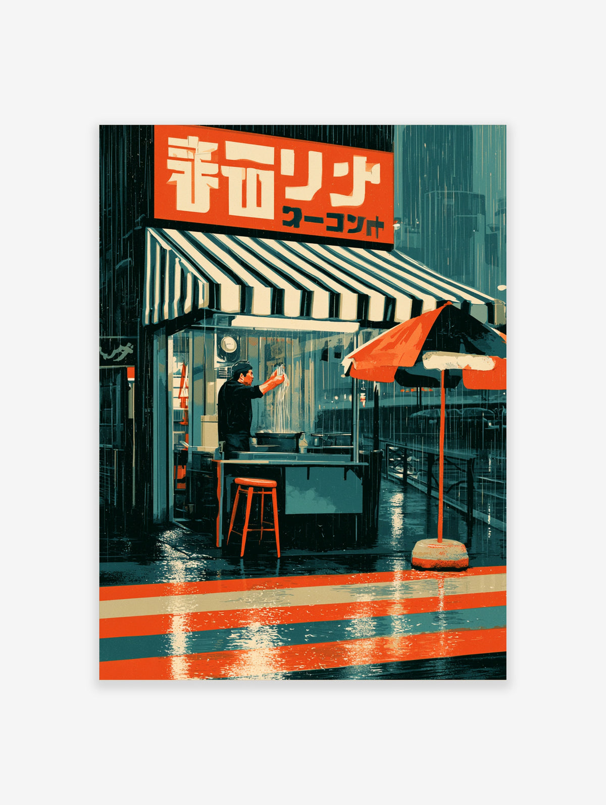 Rainy night ramen stall poster with chef, red awning, and wet street reflections