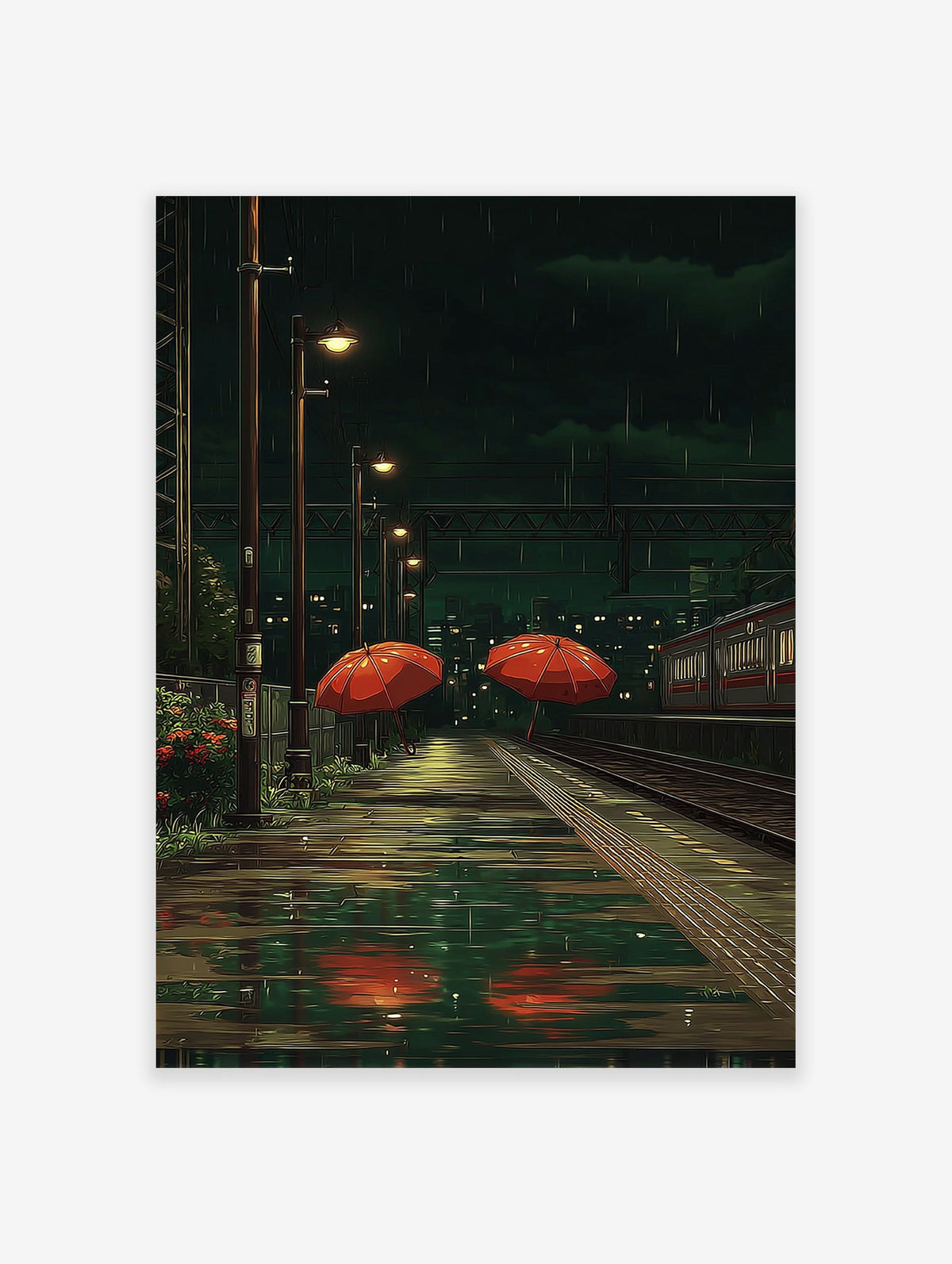 Rainy night train station poster with two orange umbrellas on a wet platform and a train on tracks, in anime style.
