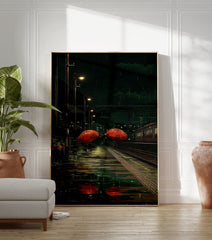 Rainy night train station poster with two orange umbrellas on a wet platform and a train on tracks, in anime style. - Image 3