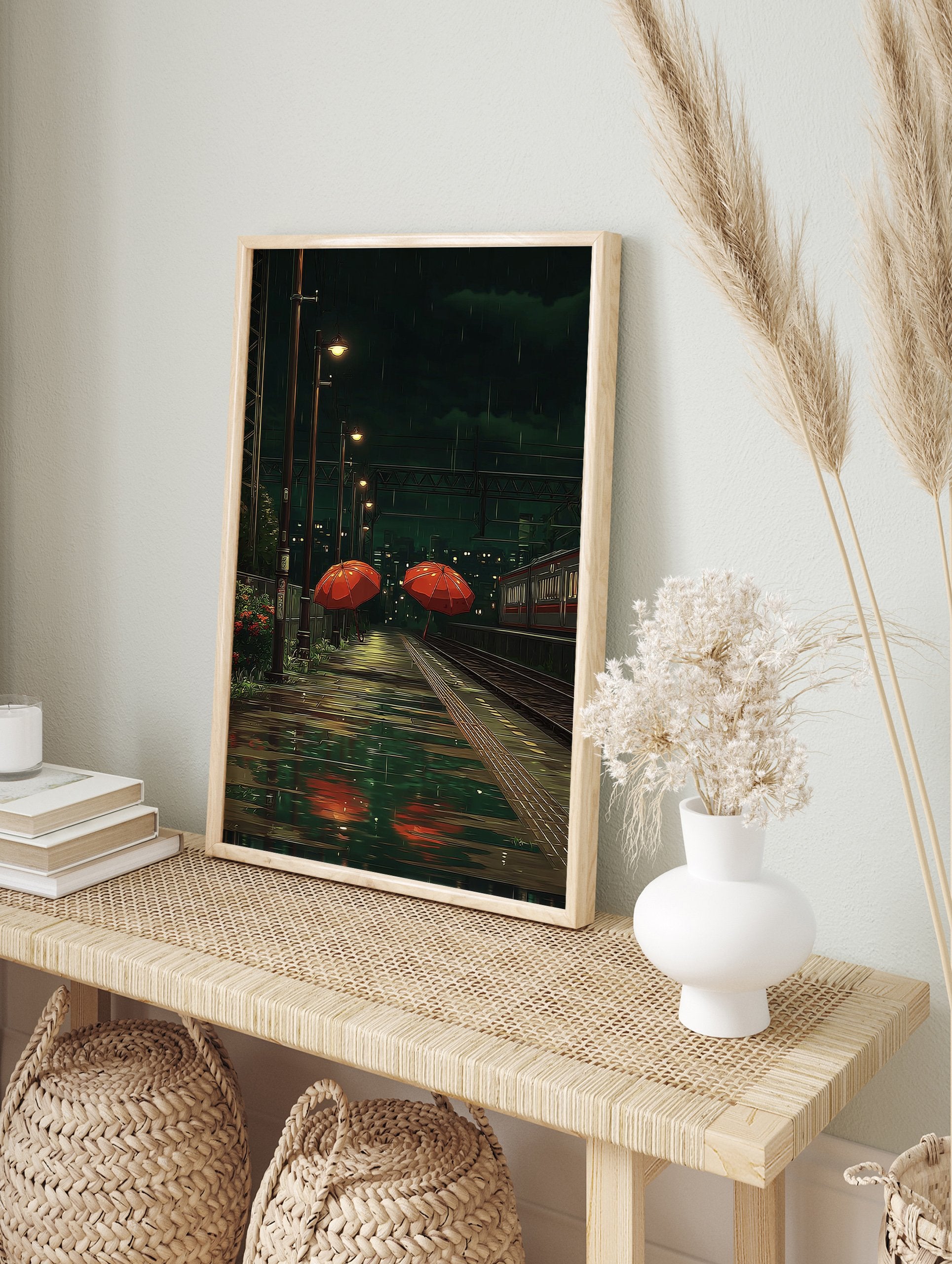 Rainy night train station poster with two orange umbrellas on a wet platform and a train on tracks, in anime style. - Image 4
