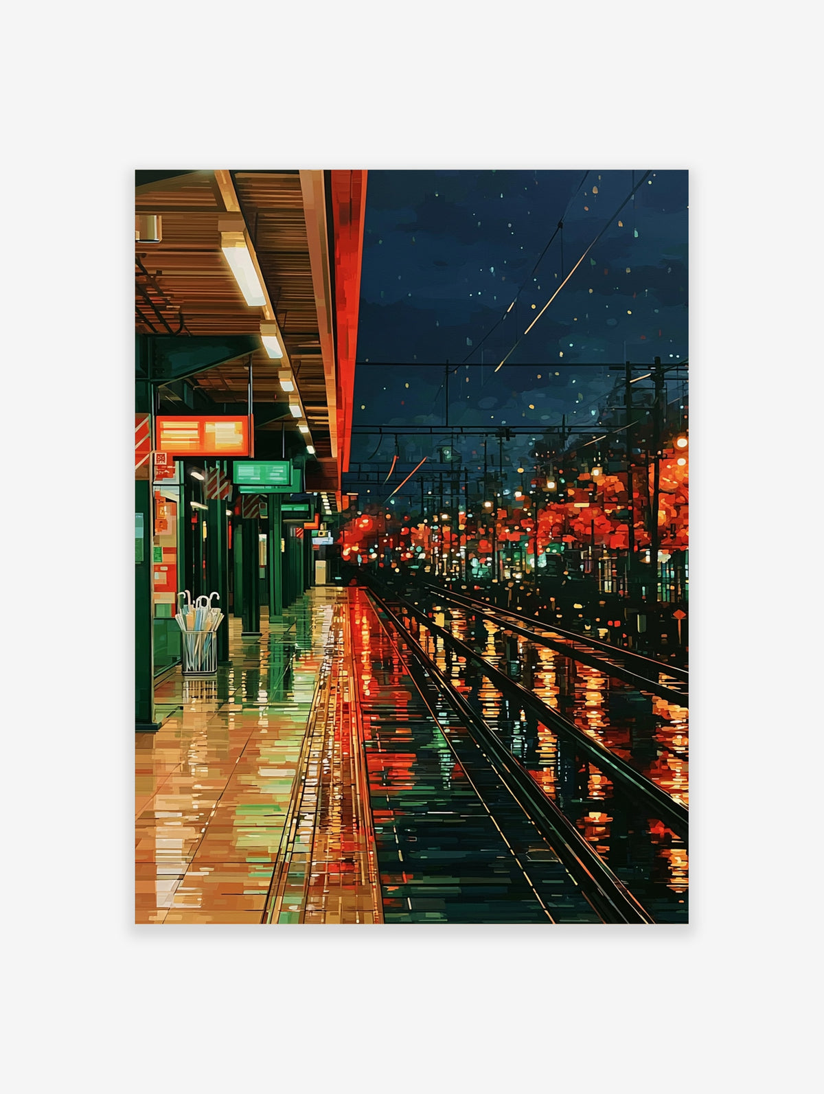 Rainy train station platform at night with wet tracks, glowing lights, and deep blue sky, urban Japanese city poster