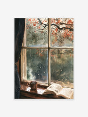 Watercolor painting of a rainy window with a steaming mug and open book on a wooden sill, looking out to autumn trees