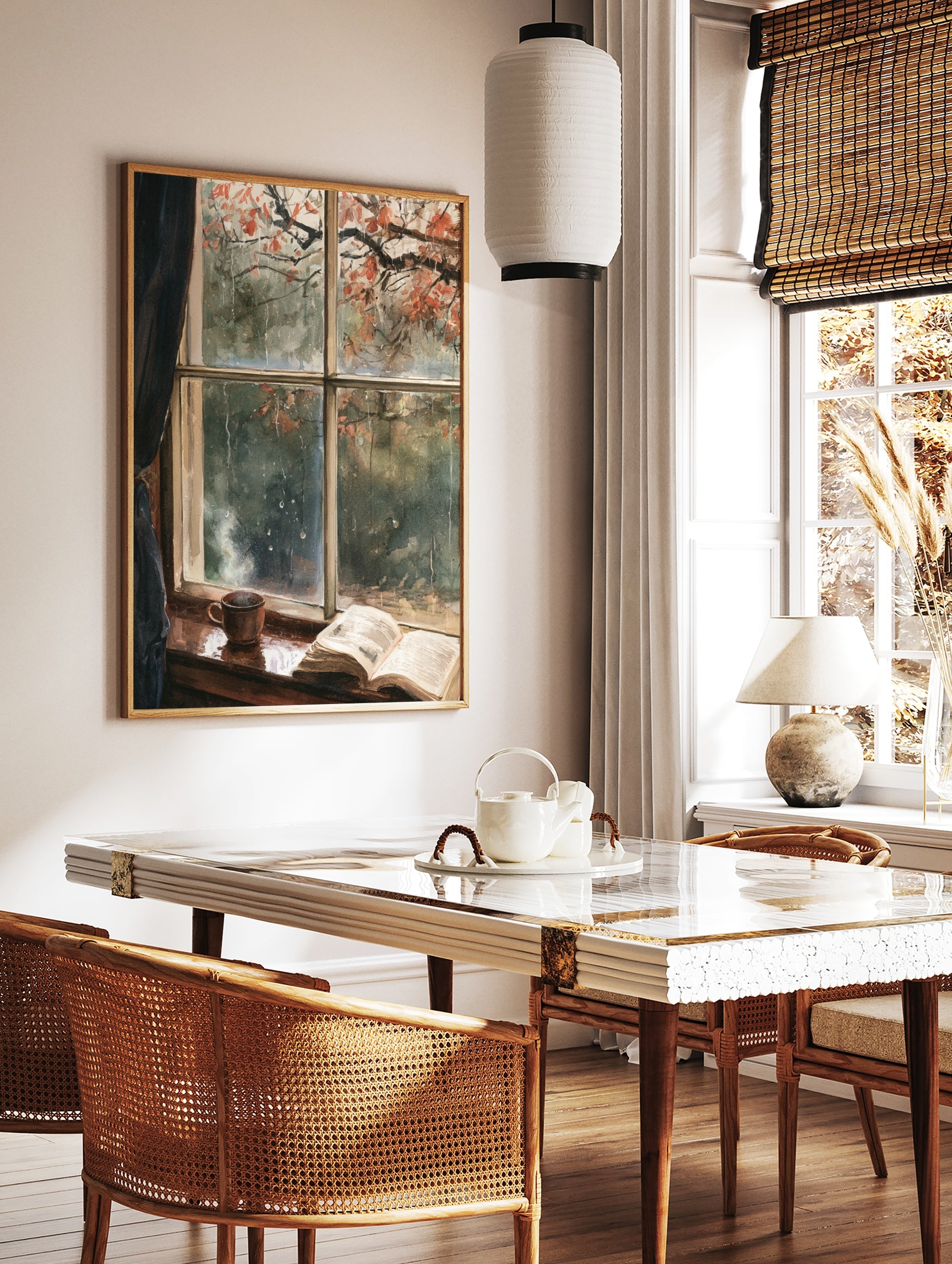 Watercolor painting of a rainy window with a steaming mug and open book on a wooden sill, looking, in a styled room mockup