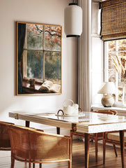 Watercolor painting of a rainy window with a steaming mug and open book on a wooden sill, looking, in a styled room mockup