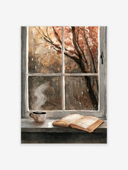 Illustrative autumn window scene with a coffee cup and open book on a rainy day, warm brown and grey tones