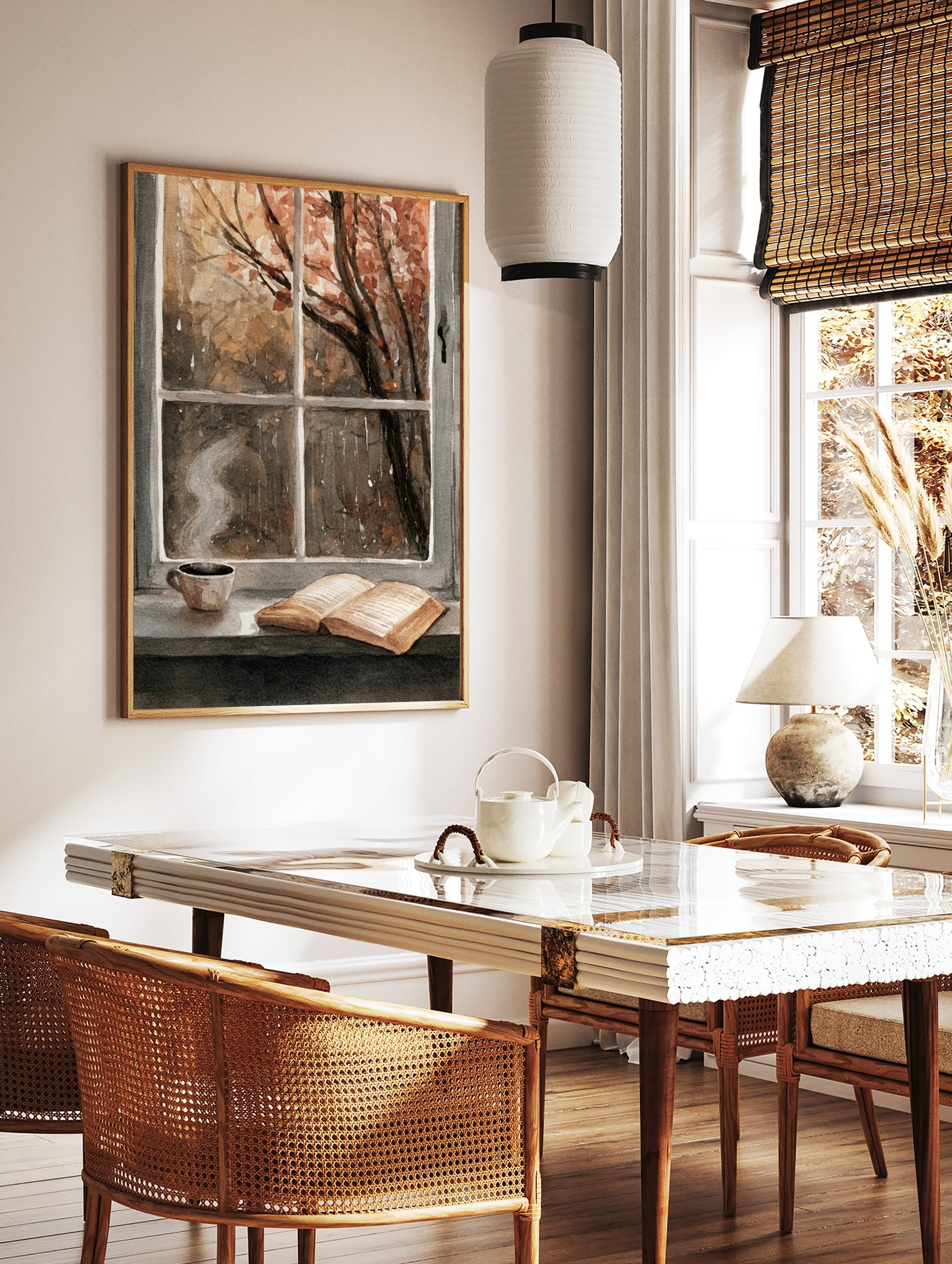 Illustrative autumn window scene with a coffee cup and open book on a rainy day, warm brown and, in a styled room mockup