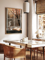 Illustrative autumn window scene with a coffee cup and open book on a rainy day, warm brown and, in a styled room mockup