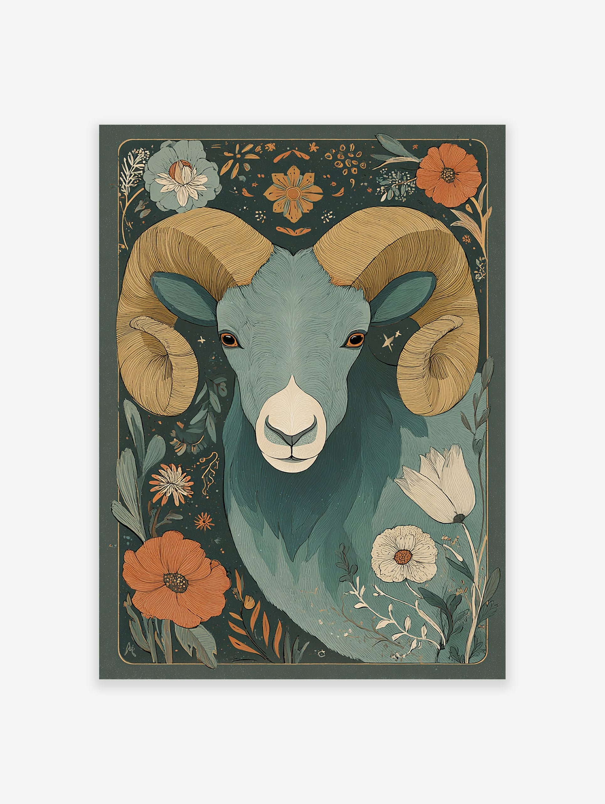 Ram and floral illustration poster featuring a majestic ram with large horns surrounded by various flowers and leaves.