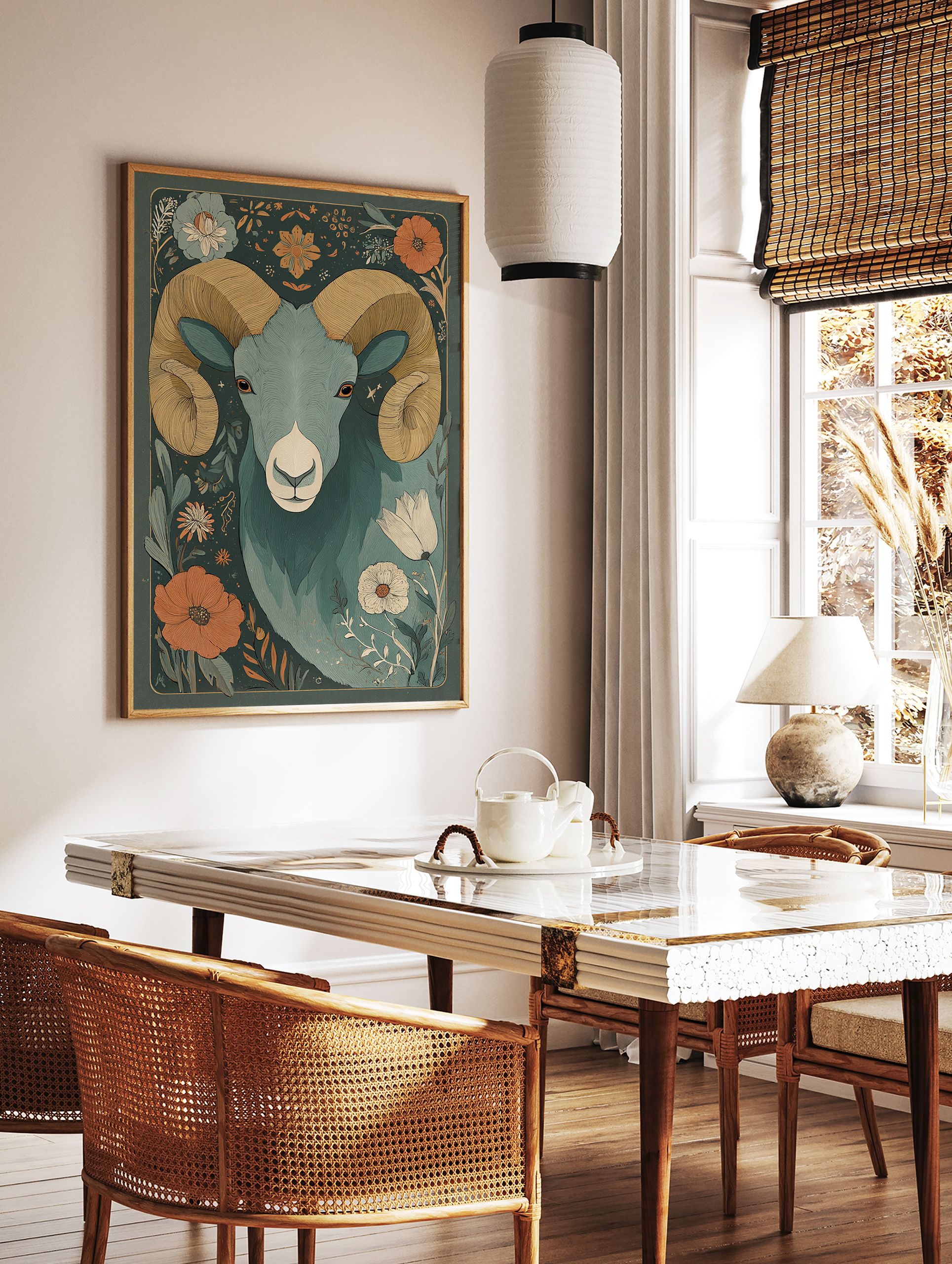 Ram and floral illustration poster featuring a majestic ram with large horns surrounded by various flowers and leaves. - Image 2