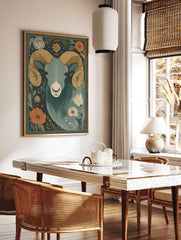 Ram and floral illustration poster featuring a majestic ram with large horns surrounded by various flowers and leaves. - Image 2
