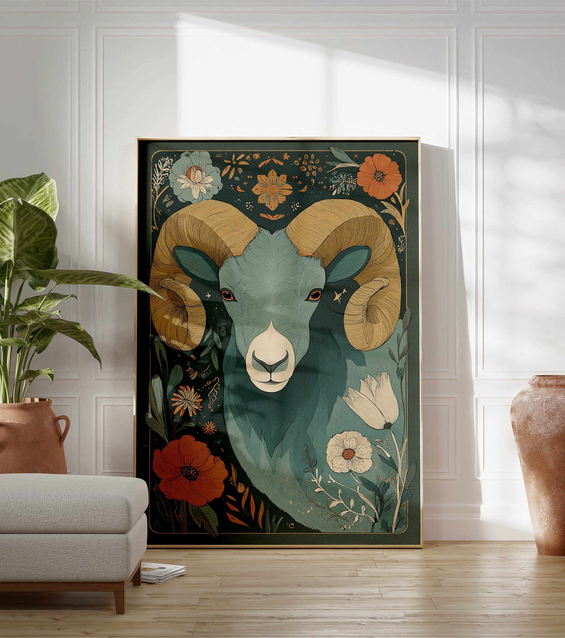 Ram and floral illustration poster featuring a majestic ram with large horns surrounded by various flowers and leaves. - Image 3