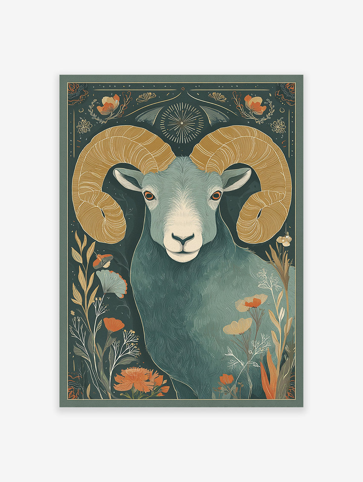 Ram animal poster with large gold horns on a dark teal background surrounded by stylized orange and blue flowers.