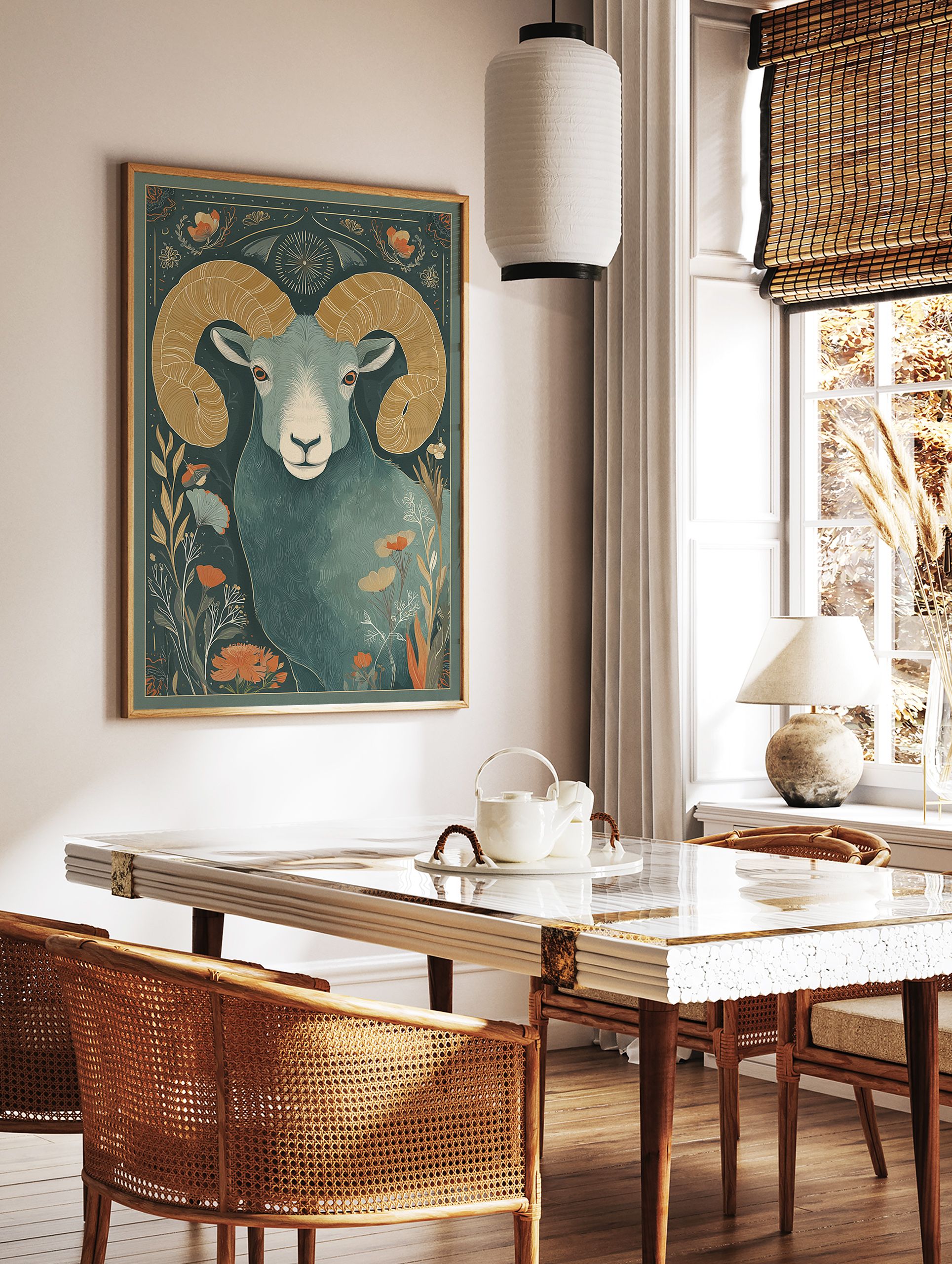 Ram animal poster with large gold horns on a dark teal background surrounded by stylized orange and blue flowers. - Image 2