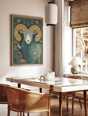 Ram animal poster with large gold horns on a dark teal background surrounded by stylized orange and blue flowers. - Image 2