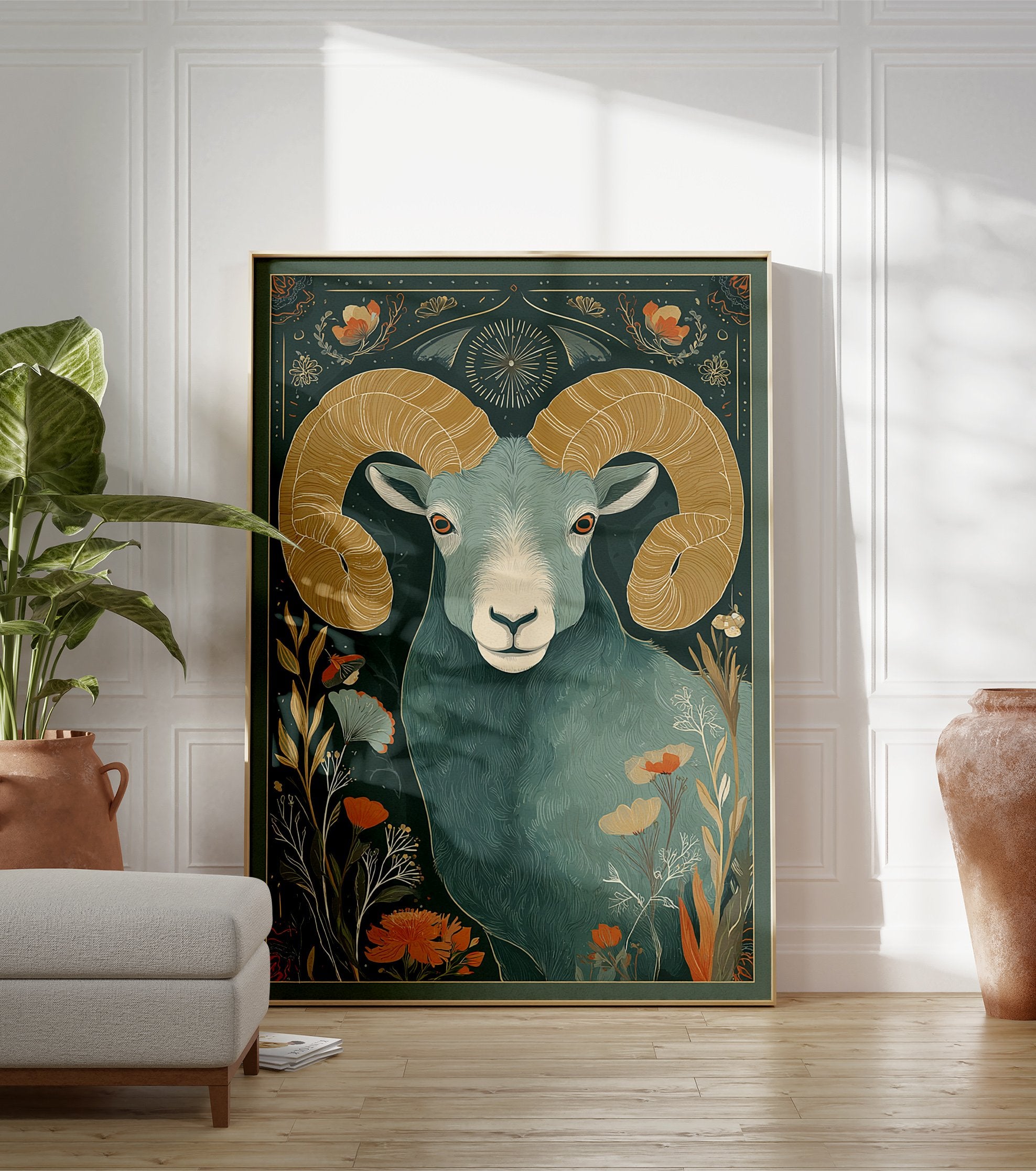 Ram animal poster with large gold horns on a dark teal background surrounded by stylized orange and blue flowers. - Image 3