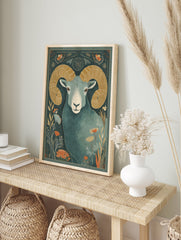 Ram animal poster with large gold horns on a dark teal background surrounded by stylized orange and blue flowers. - Image 4