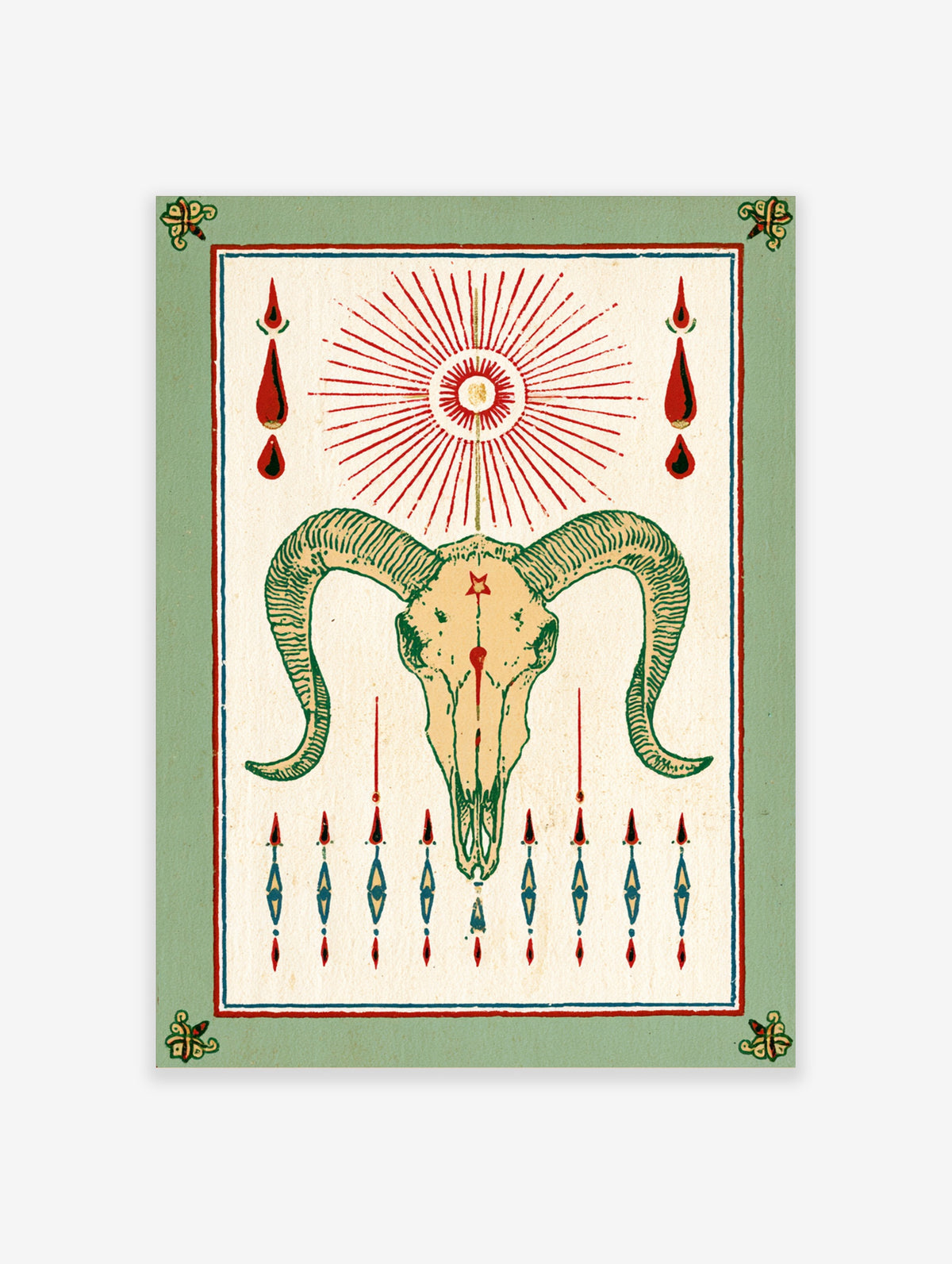 Ram skull with green horns, red sunburst and teardrops on cream background, occult art print