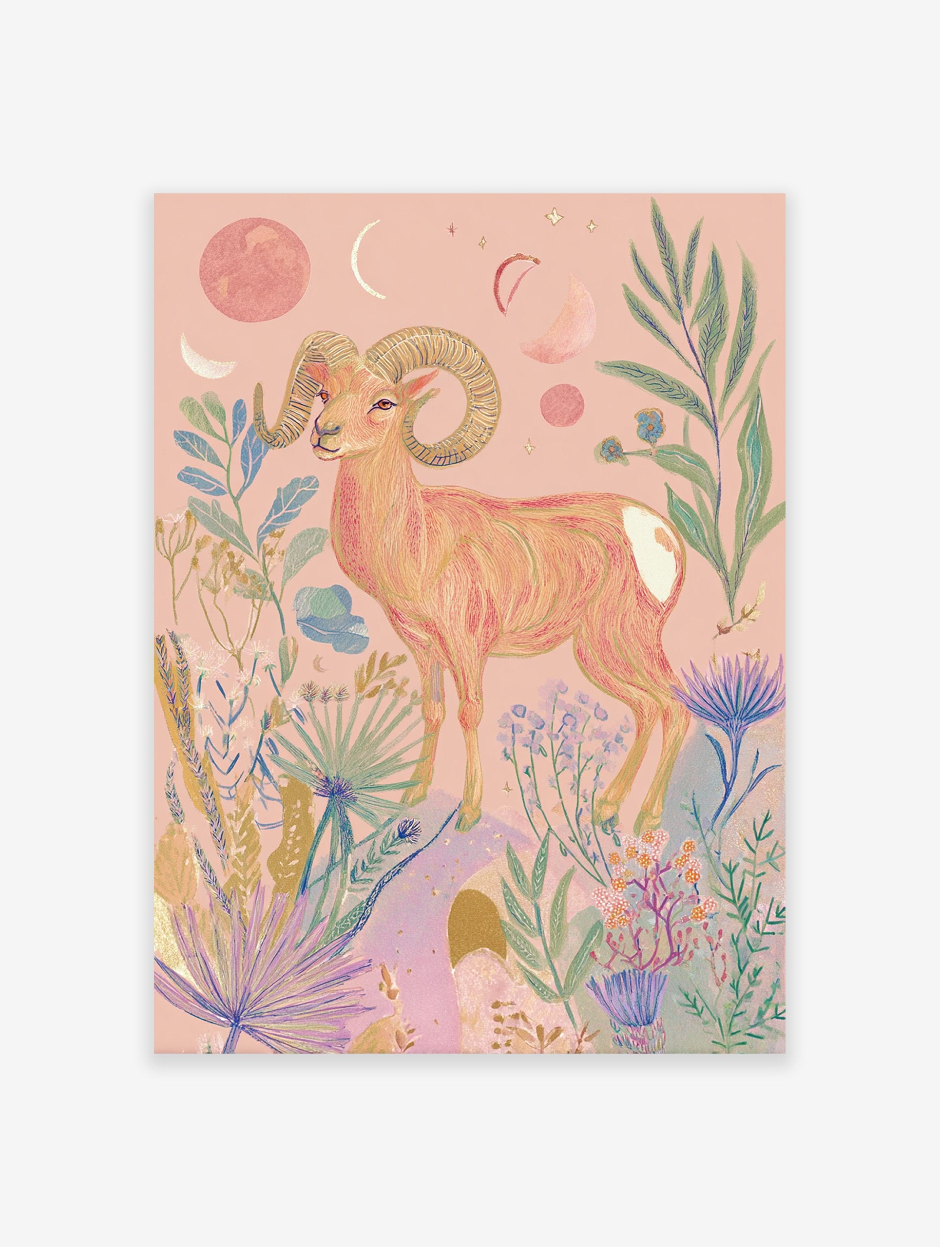 Pink ram poster with large horns, surrounded by celestial moons, stars, and botanical plants on a light pink background.