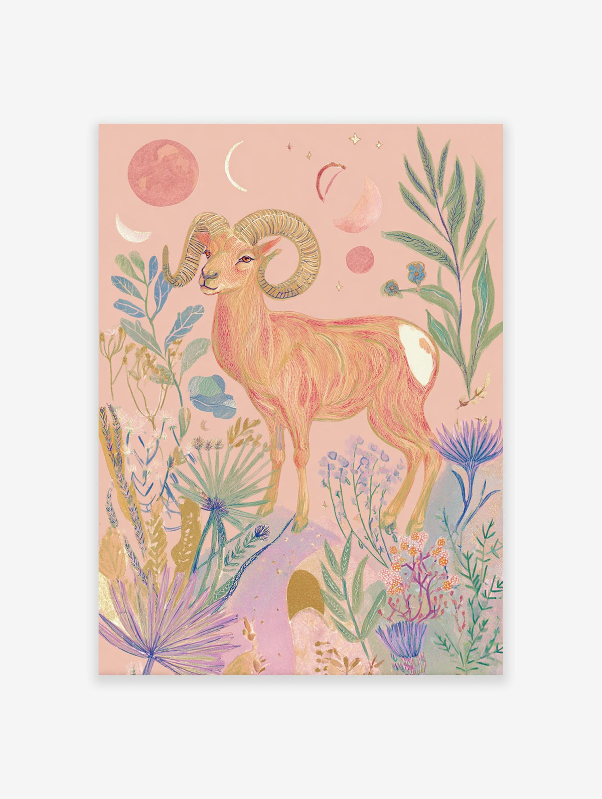 Pink ram poster with large horns, surrounded by celestial moons, stars, and botanical plants on a light pink background.