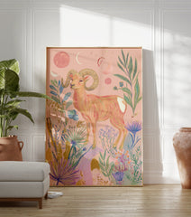 Pink ram poster with large horns, surrounded by celestial moons, stars, and botanical plants on a light pink background. - Image 3
