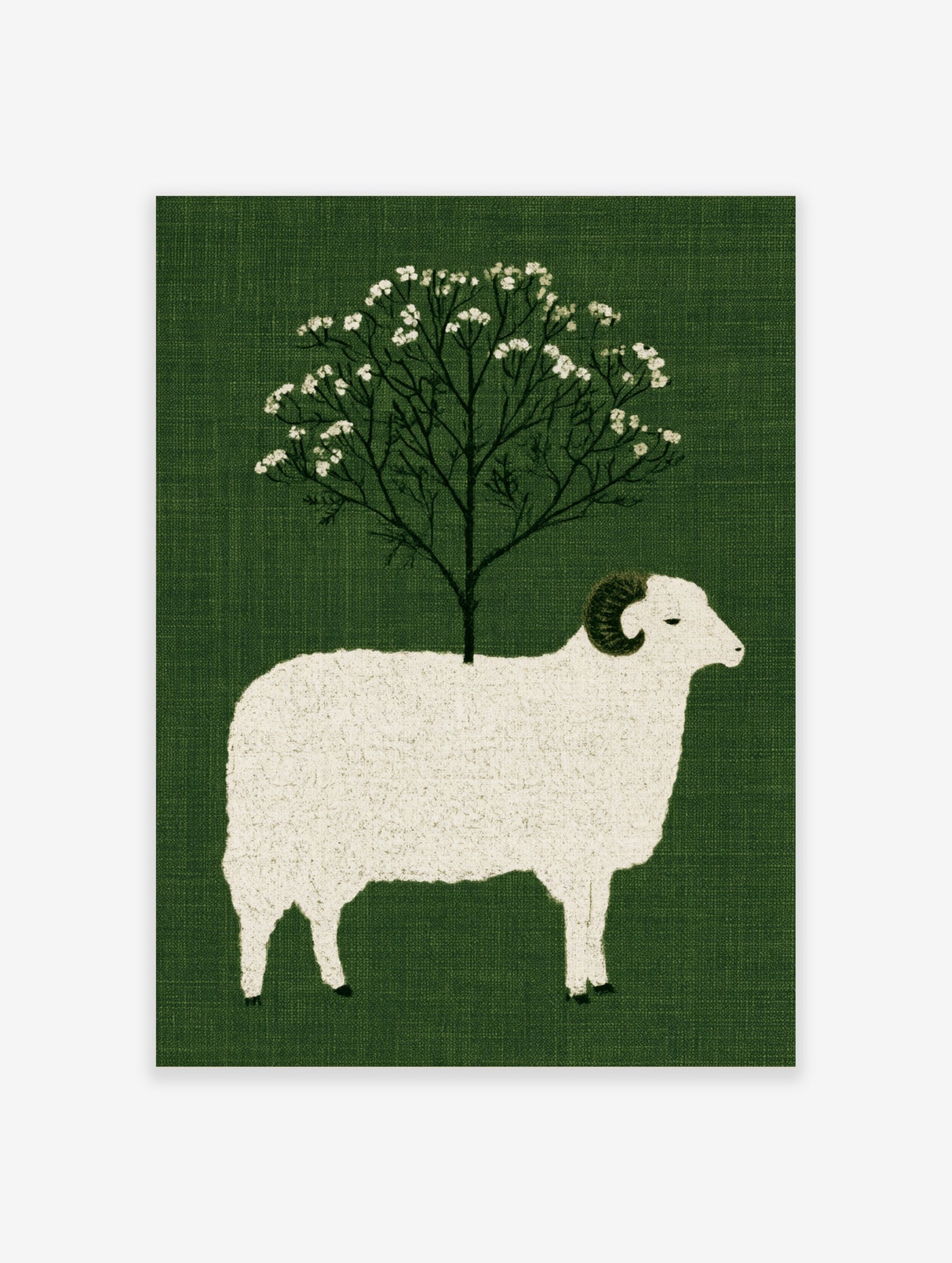 Illustrative art print of a white ram with a flowering tree growing from its back on a textured green background