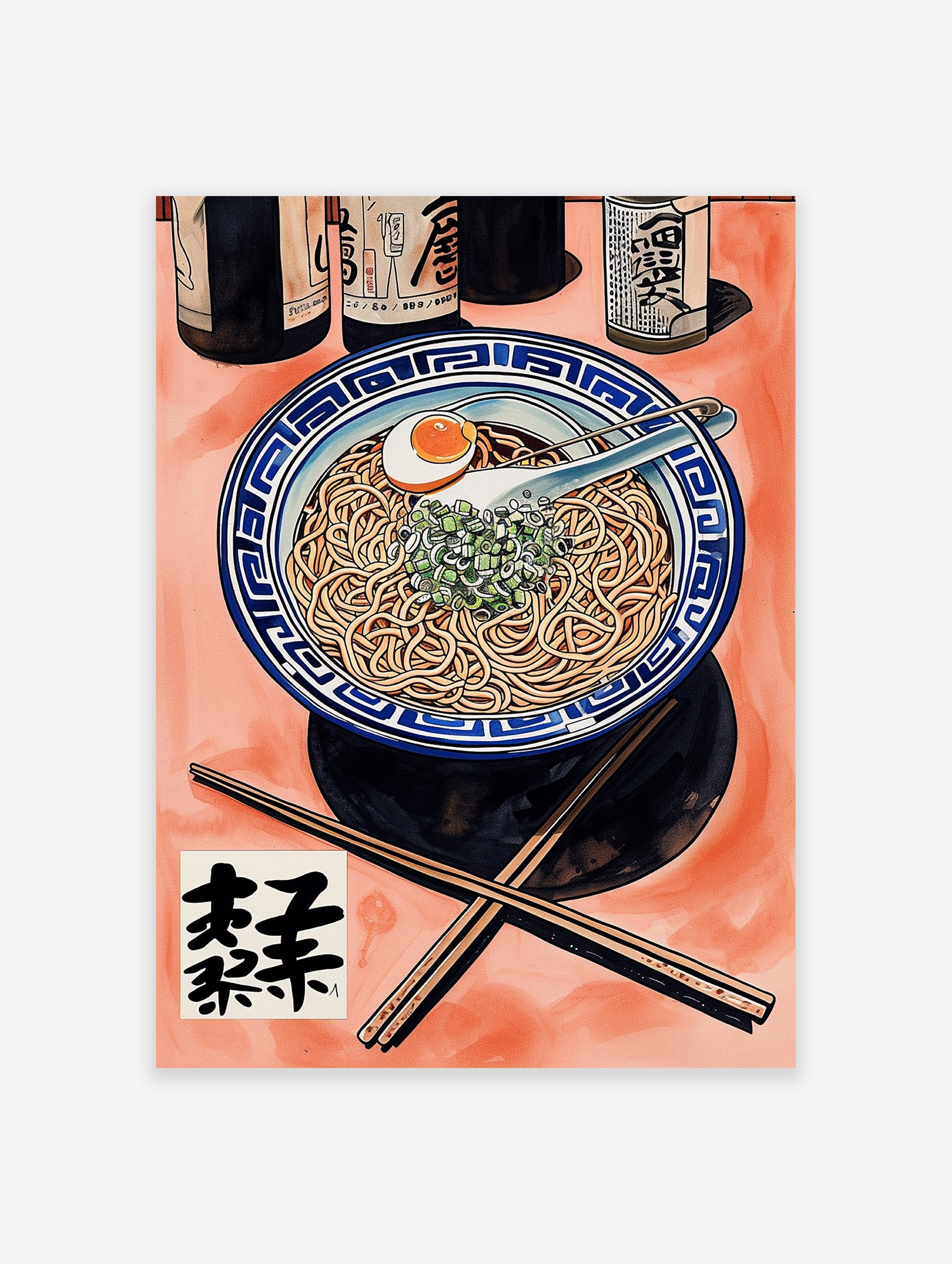 Ramen bowl poster with noodles, egg, and green onions, accompanied by bottles and chopsticks on an orange background.