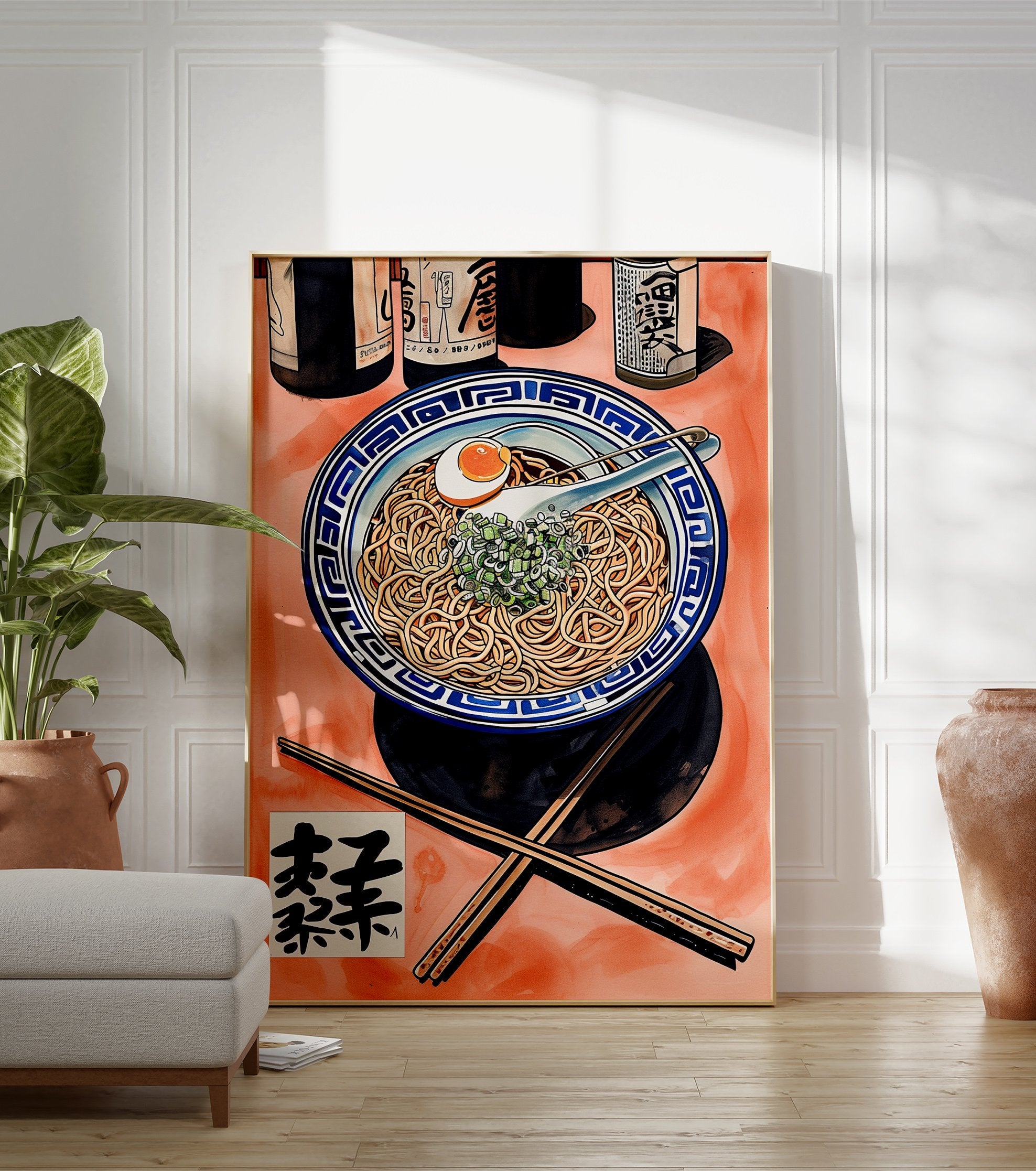 Ramen bowl poster with noodles, egg, and green onions, accompanied by bottles and chopsticks on an orange background. - Image 3