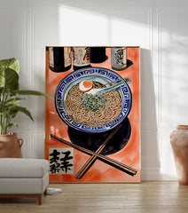 Ramen bowl poster with noodles, egg, and green onions, accompanied by bottles and chopsticks on an orange background. - Image 3