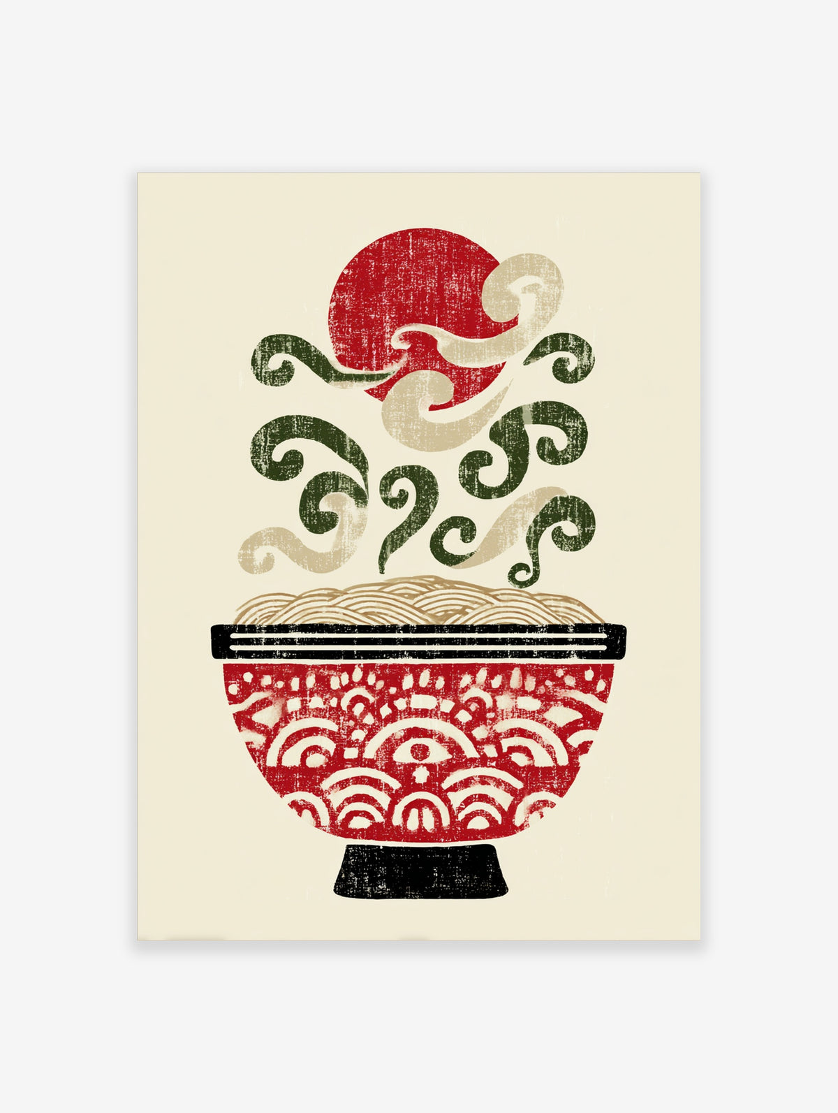 Red ramen bowl poster with beige noodles, green steam swirls, and red sun on cream background